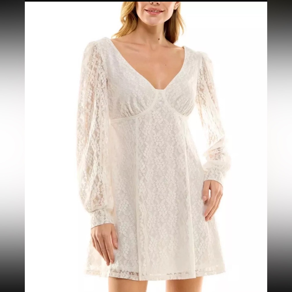 Crystal Doll Women's Juniors Lace V-Neck A-Line Dress Ivory